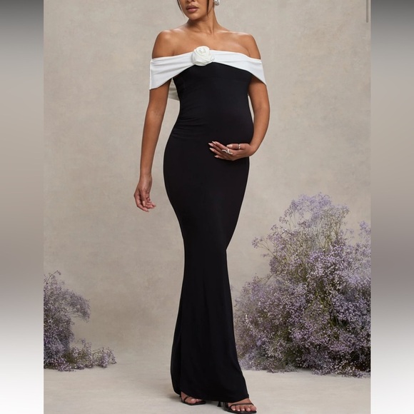 Club L On Bloom Black & White Bardot Maternity Maxi Dress Flower Wedding Sz 8 - Picture 1 of 8